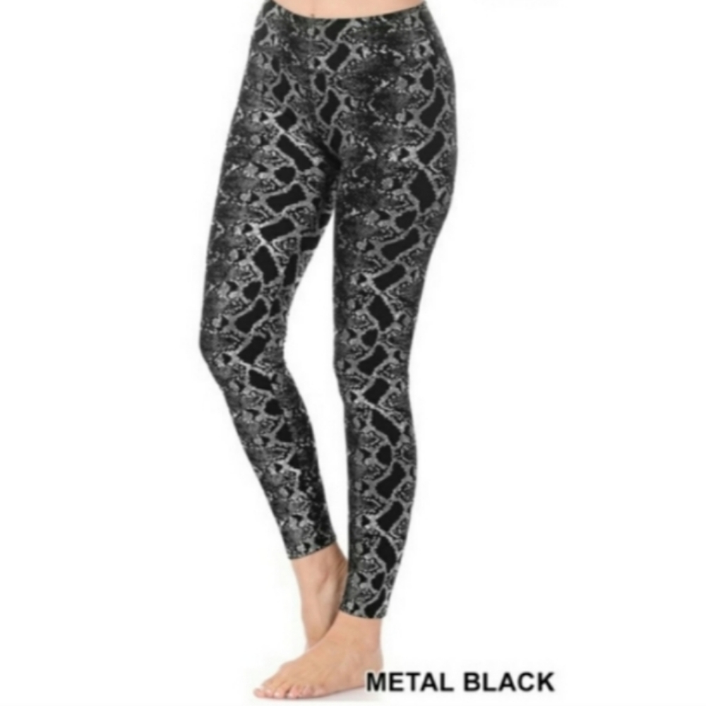 Zenana Outfitters Fleece Lined Snake Print Leggings Metal Mocha